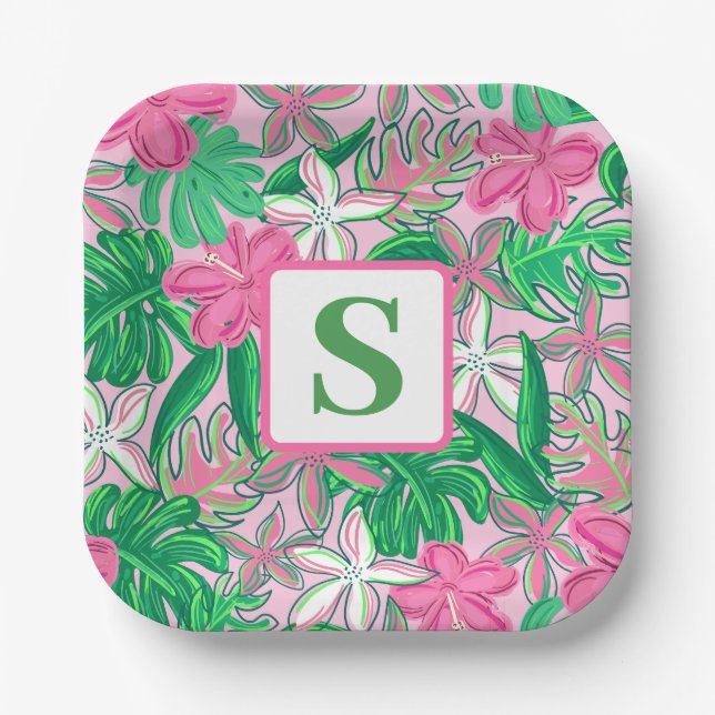 Tropical Flower Monogram Pink White Green Preppy Paper Plate (Front)