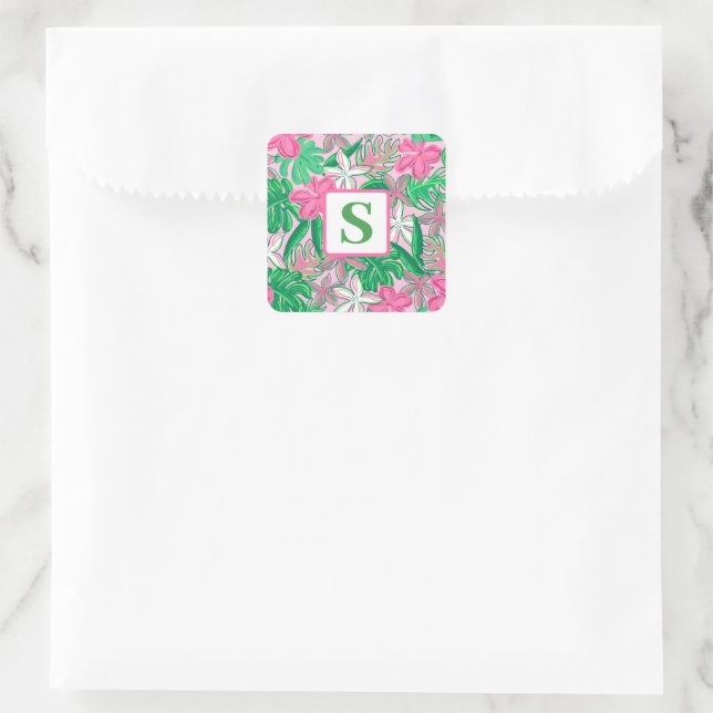 Tropical Flower Monogram Pink White Green Preppy Square Sticker (Bag)