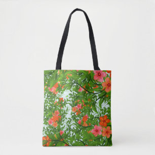 Tropical flower orange red green floral elegant tote bag