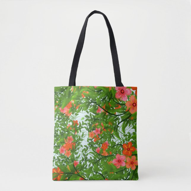 Tropical flower orange red green floral elegant  tote bag (Front)