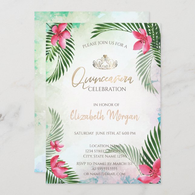 Tropical Flower Palm Cocktail Summer Quinceañera Invitation (Front/Back)