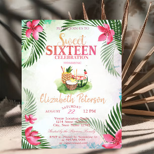 Tropical Flower Palm CocktailSummer Sweet 16 Party Invitation