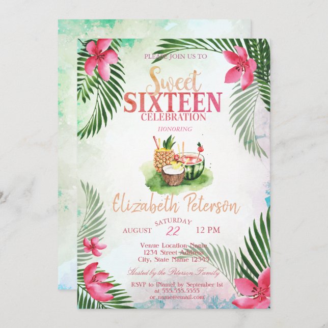 Tropical Flower Palm CocktailSummer Sweet 16 Party Invitation (Front/Back)