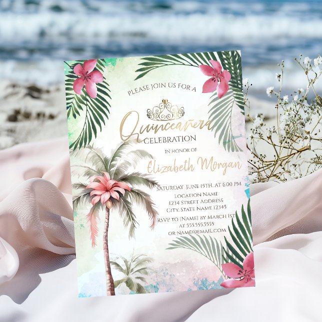 Tropical Flower Palm Summer Quinceañera Invitation (Creator Uploaded)