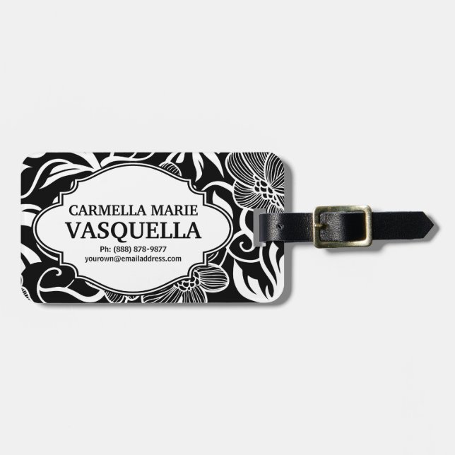 Tropical Flower Pattern BW Personalised Luggage Tag (Front Horizontal)