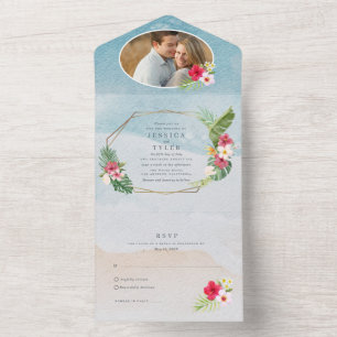 Tropical Flower Photo Beach Wedding All In One Invitation