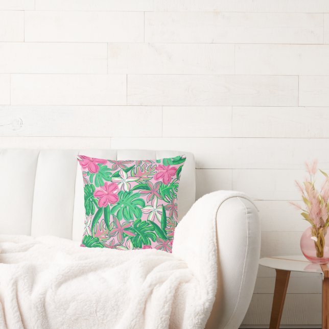 Tropical Flower Pink White Green Preppy  Cushion (Couch)