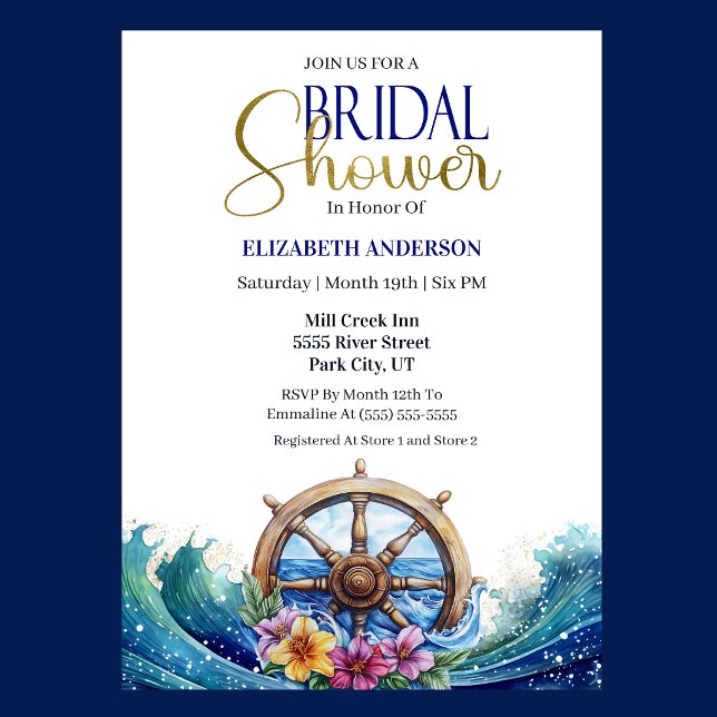 Tropical Flower Sailing Wheel Bridal Shower Invitation (Nautical Bridal Shower invitation with ship wheel, ocean waves, and tropical flowers )