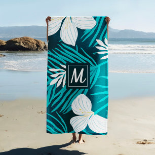 Tropical Flower Script Monogram Beach Towel
