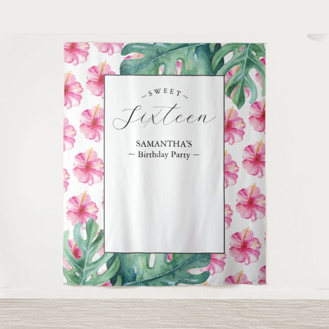 Tropical Flower Sweet 16 Birthday Party Background Tapestry (Front)