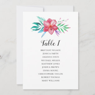 Tropical flower wedding seating chart. Table plan Invitation
