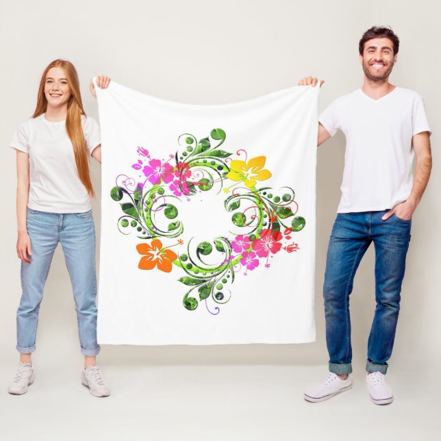 Tropical flower wreath hibiscus pink green orange  fleece blanket (In Situ)