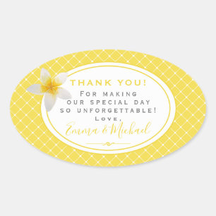 Tropical Flower & Yellow Trellis Thank You Wedding Oval Sticker