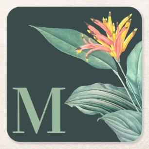 Tropical Flowering Plant on Dark Teal Monogrammed Square Paper Coaster