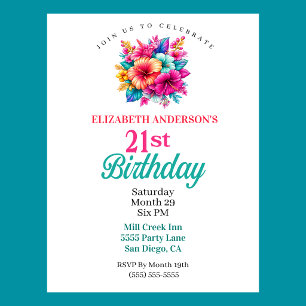 Tropical Flowers 21st Birthday Invitation