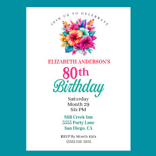 Tropical Flowers 80th Birthday Invitation
