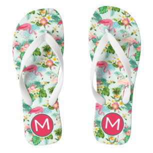 Tropical Flowers And Birds   Add Your Initial Flip Flops