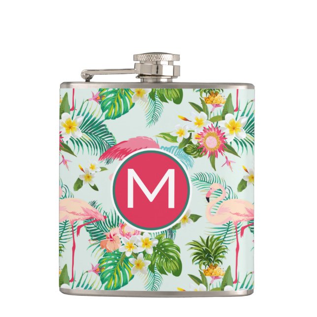 Tropical Flowers And Birds | Add Your Initial Hip Flask (Front)