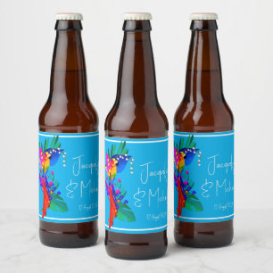Tropical Flowers and Colourful Parrot Beer Bottle Label