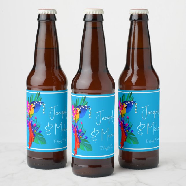 Tropical Flowers and Colourful Parrot Beer Bottle Label (Bottles)