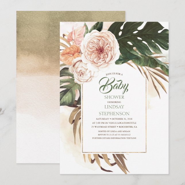 Tropical Flowers and Dried Palm Leaf Baby Shower Invitation (Front/Back)