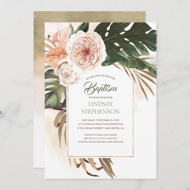 Tropical Flowers and Dried Palm Leaf Baptism Invitation (Front/Back)