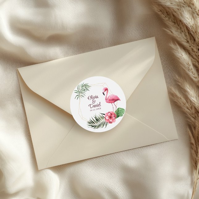 Tropical Flowers and Flamingo Wedding  Classic Round Sticker (Tropical Flowers and Flamingo Wedding Classic Round Sticker on a wedding envelope.)