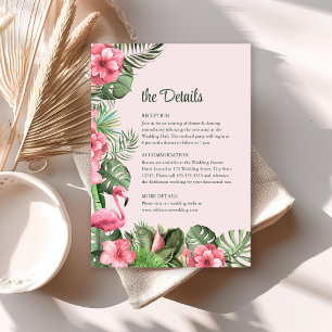 Tropical Flowers and Flamingo Wedding Details Card