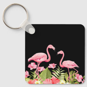 Tropical Flowers and Flamingos Design Key Ring
