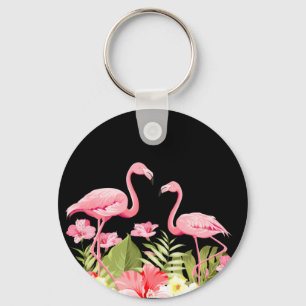 Tropical Flowers and Flamingos Design Key Ring