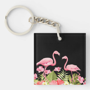 Tropical Flowers and Flamingos Design Key Ring