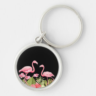 Tropical Flowers and Flamingos Design Key Ring