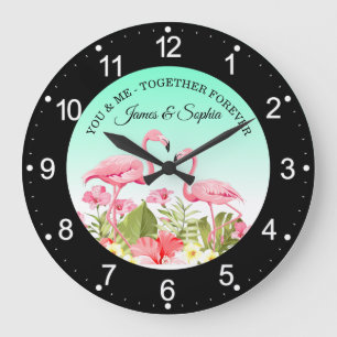 Tropical Flowers and Flamingos Design Large Clock