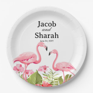 Tropical Flowers and Flamingos Design Paper Plate