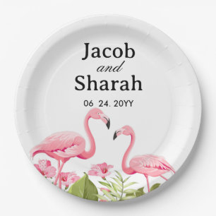 Tropical Flowers and Flamingos Design Paper Plate