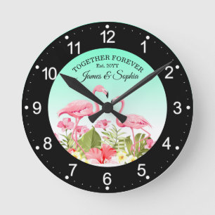 Tropical Flowers and Flamingos Design Round Clock