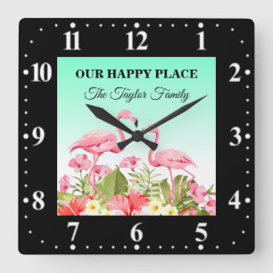 Tropical Flowers and Flamingos Design Square Wall Clock