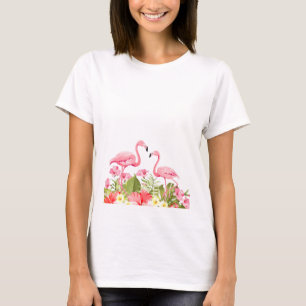 Tropical Flowers and Flamingos Design T-Shirt