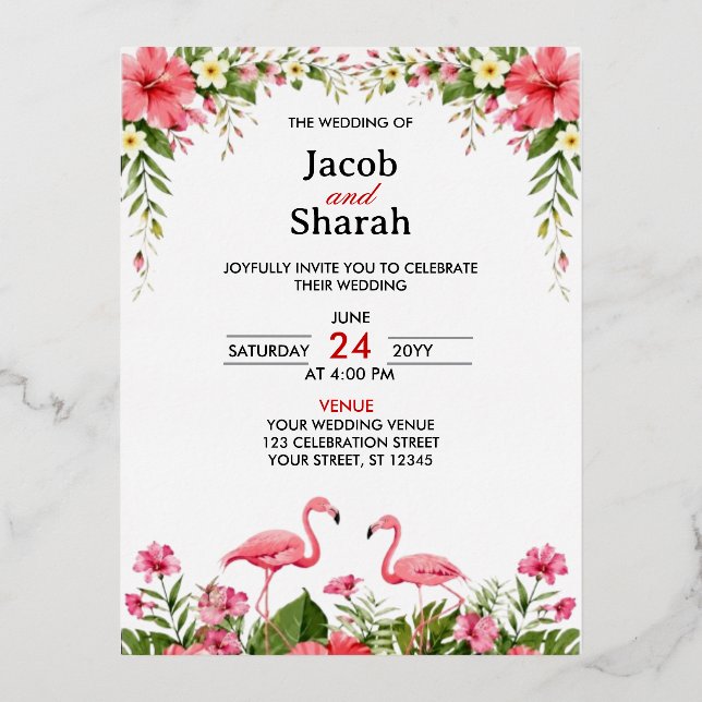 Tropical Flowers and Flamingos Wedding Template  (Front)