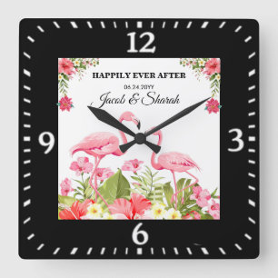 Tropical Flowers and Flamingos Wedding Template Square Wall Clock