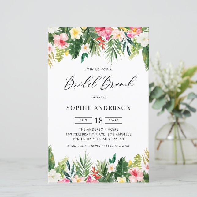 Tropical Flowers and Greenery Bridal Brunch Invite (Standing Front)