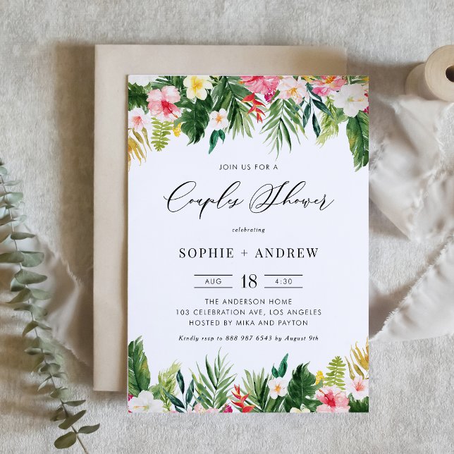Tropical Flowers and Greenery Couples Shower Invitation (Watercolor Tropical Flowers and Greenery Couples Shower Invitation)
