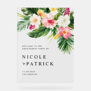 Tropical Flowers and Greenery Engagement Party Acrylic Sign