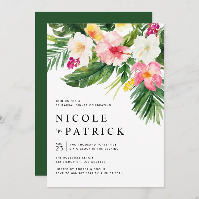 Tropical Flowers and Greenery Rehearsal Dinner Invitation (Front/Back)