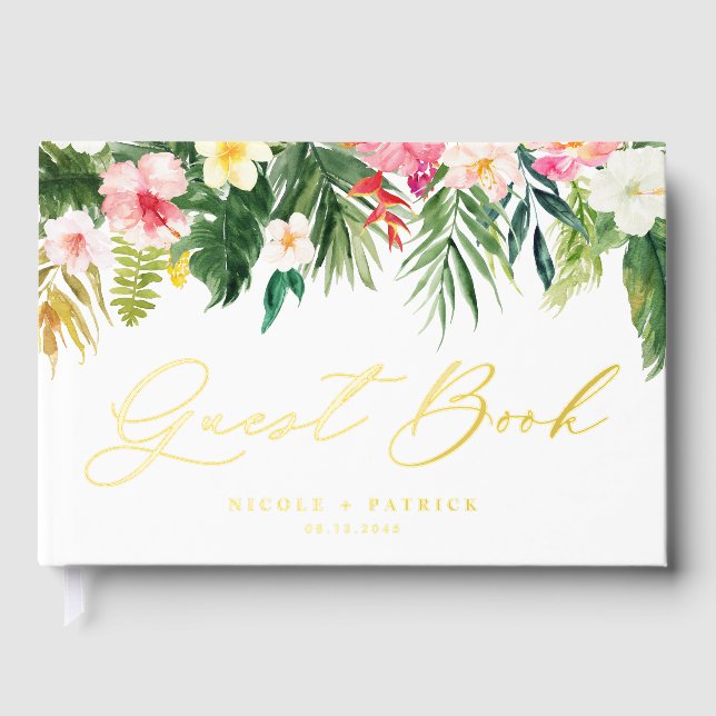 Tropical Flowers and Greenery Summer Wedding Photo Guest Book (Front)