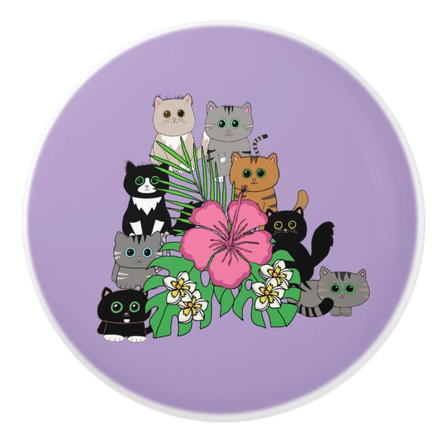 Tropical Flowers and kawaii Cats Ceramic Knob (Front)