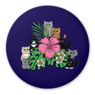 Tropical Flowers and Kawaii Cats Ceramic Knob
