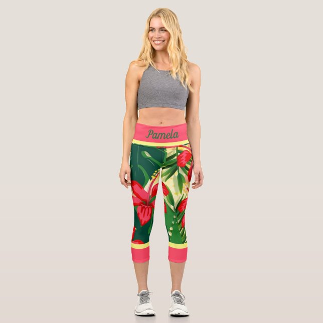Tropical flowers and leaves capri leggings (Front)