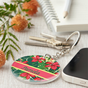 Tropical flowers and leaves key ring