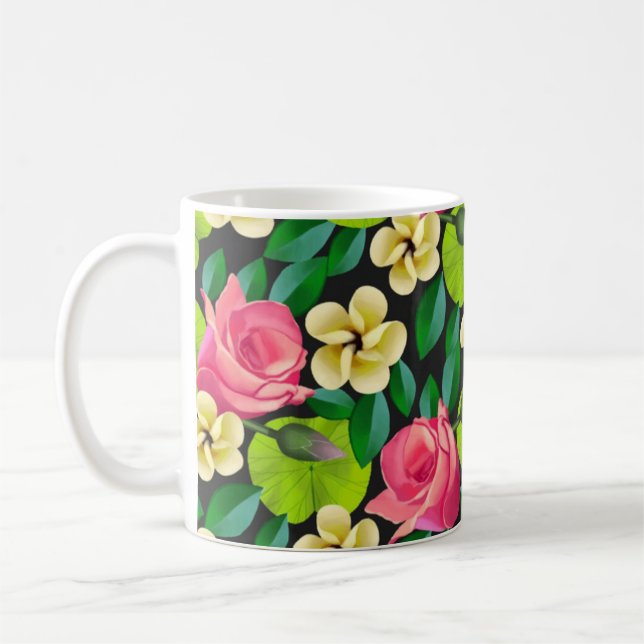 Tropical Flowers And Leaves Pattern Coffee Mug (Left)